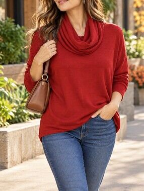 Joan Vass Brick Red Cowl Neck Long Sleeve Stretch Tunic Sweater Casual Top